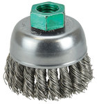 imagen de Weiler Acero inoxidable Cepillo de copa - Accesorio Eje roscado - Diámetro 2-3/4 pulg. - Agujero Central M14 x 2.0 - Diámetro de la cerda 0.020 pulg. - Estilo del cepillo: una fila - 13255