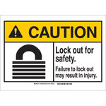 imagen de Brady Interior/exterior Plástico Cartel de bloqueo 144502 - Texto Imprimido = CAUTION Lock Out For Safety. Failure to lock out may result in injury - Inglés - Ancho 7 pulg. - Altura 10 pulg. - 754473-