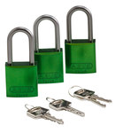 imagen de Brady Verde Aluminio 6 pernos Candado de seguridad con llave 105881 - Ancho 1 1/2 pulg. - Altura 1 3/5 pulg. - Número de llaves incluidas 2 - 754476-03426