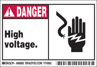 imagen de Brady 86860 Negro/Rojo sobre blanco Rectángulo Poliéster Etiqueta de advertencia de alto voltaje - Ancho 5 pulg. - Altura 3 1/2 pulg. - B-302