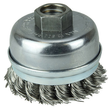 Weiler Acero inoxidable Cepillo de copa - Accesorio Eje roscado - Diámetro 2-3/4 pulg. - Agujero Central 5/8 in-11 UNC - Diámetro de la cerda 0.020 pulg. - 13302