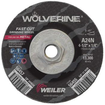 Weiler Wolverine Rueda esmeriladora de superficie 56455 - 4-1/2 pulg - Óxido de aluminio - 24 - N