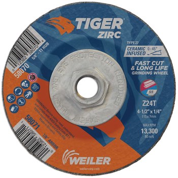 Weiler Tiger Zirc Disco esmerilador 58070 - 4-1/2 pulg - Zirconio - 24 - T