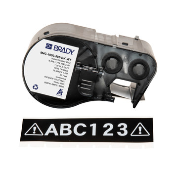Brady M4C-1000-595-BK-WT Etiquetas para todo tipo de clima - 1 pulg. x 25 pies - Vinilo - Blanco sobre negro - B-595