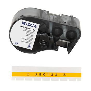 Brady M4C-250-595-YL-BK Etiquetas para todo tipo de clima - 0.25 pulg. x 25 pies - Vinilo - Negro sobre amarillo - B-595