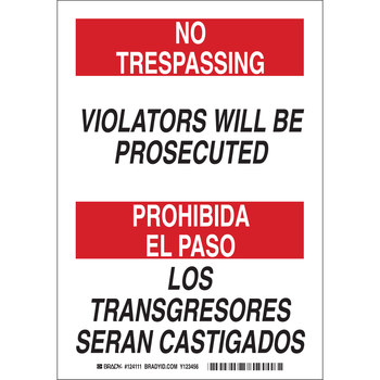 Imágen de Brady B-401 Poliesterino de alto impacto Rectángulo Blanco Inglés/Español Cartel/anuncio de no traspasar 124113 (Imagen principal del producto)