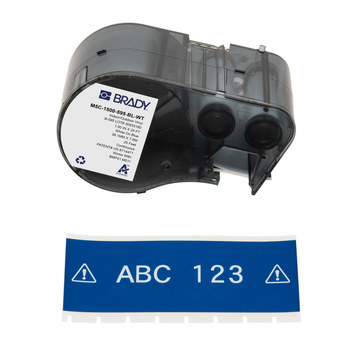Brady M5C-1500-595-BL-WT Etiquetas para todo tipo de clima - 1.5 pulg. x 25 pies - Vinilo - Blanco sobre azul - B-595