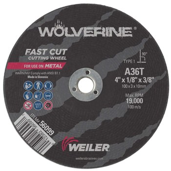 Weiler Wolverine Rueda de corte 56099 - Tipo 1 - Rueda recta - 4 pulg. - Óxido de aluminio - 36 - T
