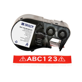 Brady M4C-750-595-RD-WT Etiquetas para todo tipo de clima - 0.75 pulg. x 25 pies - Vinilo - Blanco sobre rojo - B-595