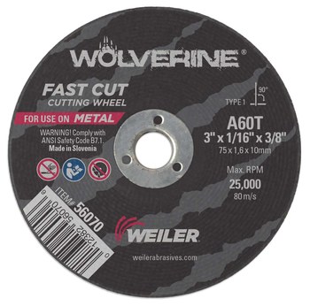 Weiler Wolverine Rueda de corte 56070 - Tipo 1 - Rueda recta - 3 pulg. - Óxido de aluminio - 60 - T