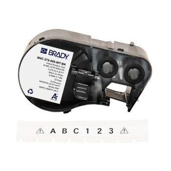 Brady M4C-375-595-WT-BK Etiquetas para todo tipo de clima - 0.375 pulg. x 25 pies - Vinilo - Negro sobre blanco - B-595