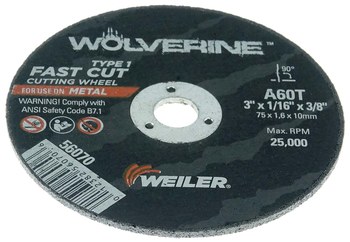 Weiler Wolverine Rueda de corte 56070 - Tipo 1 - Rueda recta - 3 pulg. - Óxido de aluminio - 60 - T