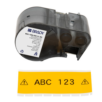 Brady M5C-1500-595-YL-BK Etiquetas para todo tipo de clima - 1.5 pulg. x 25 pies - Vinilo - Negro sobre amarillo - B-595