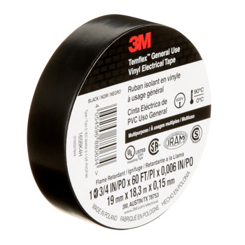 3M Temflex 165BK4A Negro Cinta eléctrica - 0.75 pulg. x 60 pies - Grosor 6 mil - 92568