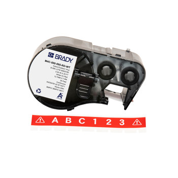 Brady M4C-500-595-RD-WT Etiquetas para todo tipo de clima - 0.5 pulg. x 25 pies - Vinilo - Blanco sobre rojo - B-595