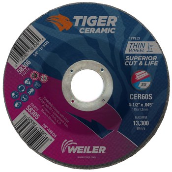 Weiler Tiger Ceramic Rueda de corte 58305 - Tipo 27 (centro hundido) - 4 1/2 pulg. - Cerámico - 60