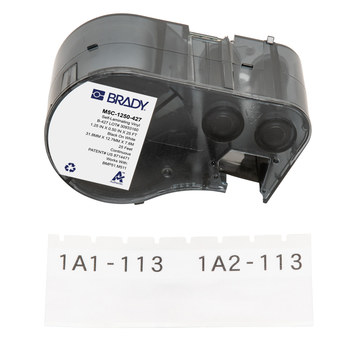 Brady M5C-1250-427 Etiquetas envolventes autolaminables - 1.25 pulg. x 25 pies - Vinilo - Negro sobre blanco, transparente - B-427