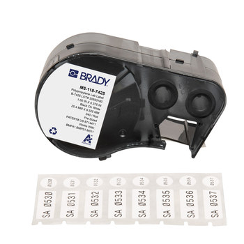 Brady M5-118-7425 Etiquetas resistentes a productos químicos y temperaturas - 1 pulg. x 0.375 pulg. - Polipropileno - Negro sobre blanco - B-7425