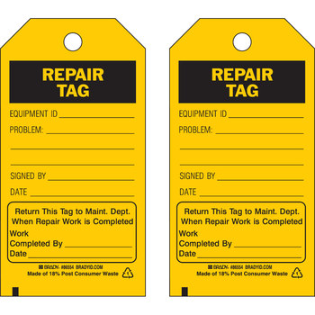 Imágen de Brady Negro sobre amarillo Laminado, Ojal de metal Poliéster/papel 86434 Etiqueta de mantenimiento (Imagen principal del producto)