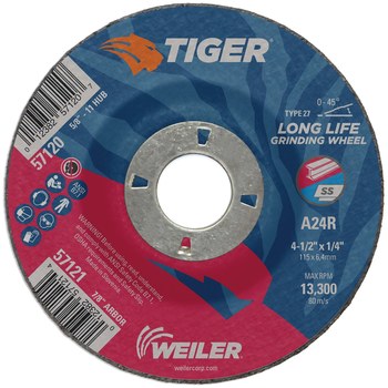 Weiler Tiger Disco esmerilador 57121 - 4-1/2 pulg - Óxido de aluminio - 24 - R