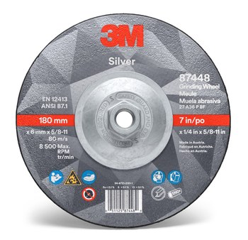 3M Silver Cerámico Rueda para esmerilado de centro hundido - Estándar (Tipo 27) - Diámetro 7 pulg. - Grosor 1/4 pulg. - 87448