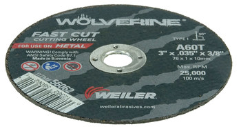 Weiler Wolverine Rueda de corte 56062 - Tipo 1 - Rueda recta - 3 pulg. - Óxido de aluminio - 60 - T