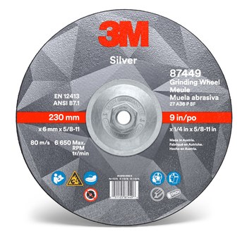 3M Silver Cerámico Rueda para esmerilado de centro hundido - Estándar (Tipo 27) - Diámetro 9 pulg. - Grosor 1/4 pulg. - 87449