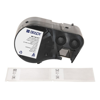 Brady M5-116-417 Etiquetas envolventes autolaminables con adhesivo agresivo - 1.5 pulg. x 2.5 pulg. - Vinilo - Negro sobre blanco, transparente - B-417