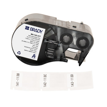 Brady M4-143-417 Etiquetas envolventes autolaminables con adhesivo agresivo - 1 pulg. x 1.25 pulg. - Vinilo - Negro sobre blanco, transparente - B-417