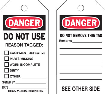 Imágen de Brady Negro/Rojo sobre blanco Laminado, Ojal de metal, Escribible Poliéster/papel 86414 Etiqueta de seguridad del equipo (Imagen principal del producto)