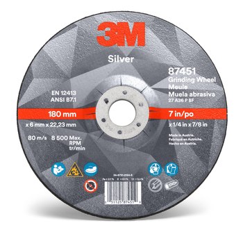 3M Silver Cerámico Rueda para esmerilado de centro hundido - Estándar (Tipo 27) - Diámetro 7 pulg. - Agujero Central 7/8 pulg. - Grosor 1/4 pulg. - 87451