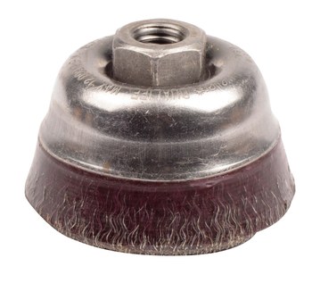 Weiler Polyflex Acero Cepillo de copa - Accesorio Eje roscado - Diámetro 3-1/2 pulg - Agujero Central 5/8 in-11 UNC - Diámetro de la cerda 0.014 pulg. - 35406