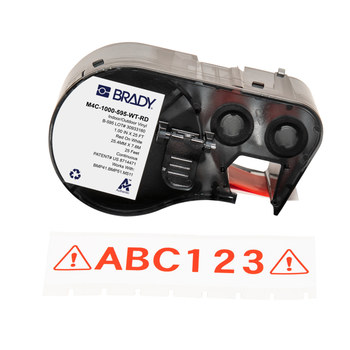Brady M4C-1000-595-WT-RD Etiquetas para todo tipo de clima - 1 pulg. x 25 pies - Vinilo - Rojo sobre blanco - B-595
