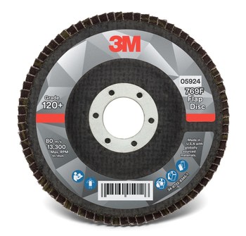 3M 769F Tipo 27 Recubierto Óxido de aluminio cerámico Disco de Aletas - Diámetro 4 1/2 pulg. - Agujero Central 7/8 pulg. - 05924