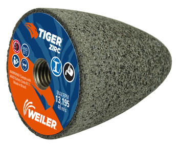 Weiler Tiger Zirc Zirconia Alumina Cono abrasivo - 20 grano - 2 3/4 pulg. longitud - Agujero Central UNC de 5/8-11 - 68313