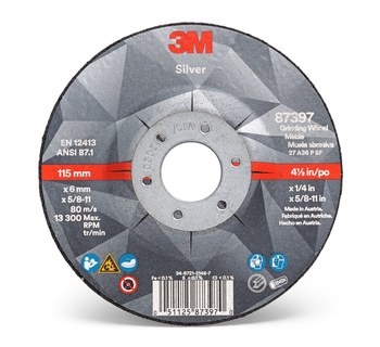 3M Silver Cerámico Rueda para esmerilado de centro hundido - Estándar (Tipo 27) - Diámetro 4 1/2 pulg. - Grosor 1/4 pulg. - 87661