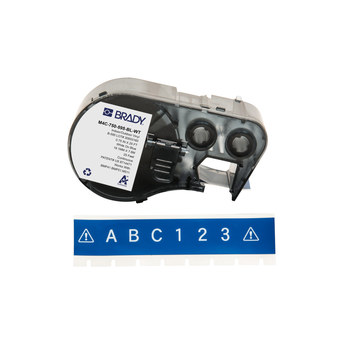 Brady M4C-750-595-BL-WT Etiquetas para todo tipo de clima - 0.75 pulg. x 25 pies - Vinilo - Blanco sobre azul - B-595