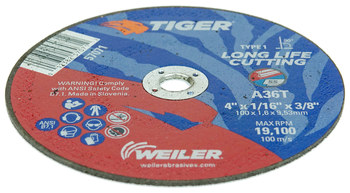 Weiler Tiger Rueda de corte 57071 - Tipo 1 (recto) - 4 pulg. - Óxido de aluminio - 36 - T