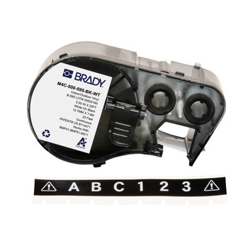 Brady M4C-500-595-BK-WT Etiquetas para todo tipo de clima - 0.5 pulg. x 25 pies - Vinilo - Blanco sobre negro - B-595