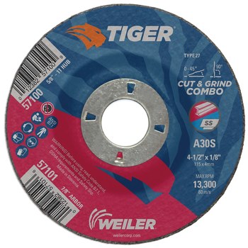 Weiler Tiger 2.0 Disco de corte y esmerilado 57101 - 4-1/2 pulg - Óxido de aluminio - 24 - R