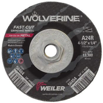 Weiler Wolverine Rueda esmeriladora de superficie 56454 - 4-1/2 pulg - Óxido de aluminio - 24 - R