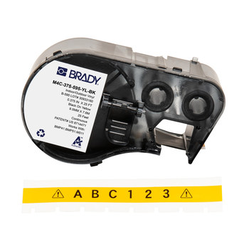 Brady M4C-375-595-YL-BK Etiquetas para todo tipo de clima - 0.375 pulg. x 25 pies - Vinilo - Negro sobre amarillo - B-595