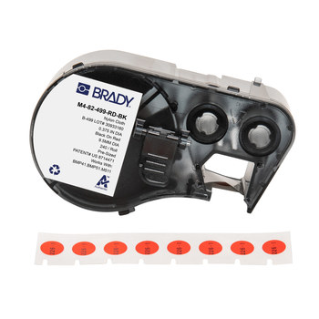 Brady M4-82-499-RD-BK Etiquetas adhesivas multiuso agresivas - 0.375 pulg. x 0.375 pulg. - Nailon - Negro sobre rojo - B-499