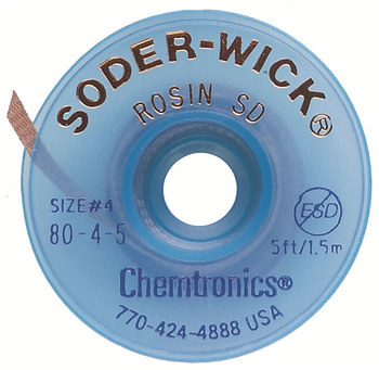 Chemtronics Soder-Wick #4 Trenza de desoldadura de revestimiento de fundente de colofonia - Azul - 0.11 pulg. x 5 pies