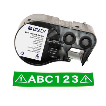 Brady M4C-1000-595-GN-WT Etiquetas para todo tipo de clima - 1 pulg. x 25 pies - Vinilo - Blanco sobre verde - B-595