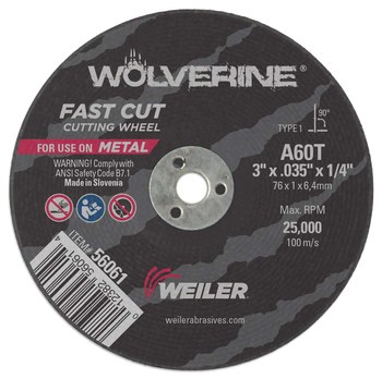Weiler Wolverine Rueda de corte 56061 - Tipo 1 - Rueda recta - 3 pulg. - Óxido de aluminio - 60 - T