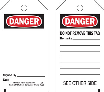 Imágen de Brady Negro/Rojo sobre blanco Ojal de metal, Autolaminados, Escribible Poliéster 76171 Etiqueta de seguridad del equipo (Imagen principal del producto)