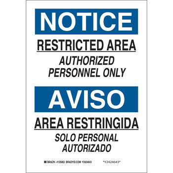 Imágen de Brady B-401 Poliesterino de alto impacto Rectángulo Blanco Inglés/Español Cartel de área restringida 125065 (Imagen principal del producto)