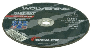 Weiler Wolverine Rueda de corte 56086 - Tipo 1 - Rueda recta - 4 pulg. - Óxido de aluminio - 36 - T