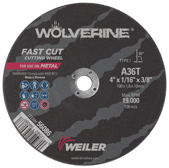 Weiler Wolverine Rueda de corte 56086 - Tipo 1 - Rueda recta - 4 pulg. - Óxido de aluminio - 36 - T